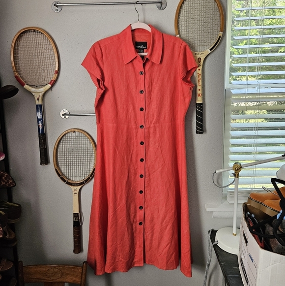 Positive Attitude Vintage Linen Dress Red Orange Button Down Collared Classic 14 - Picture 1 of 6